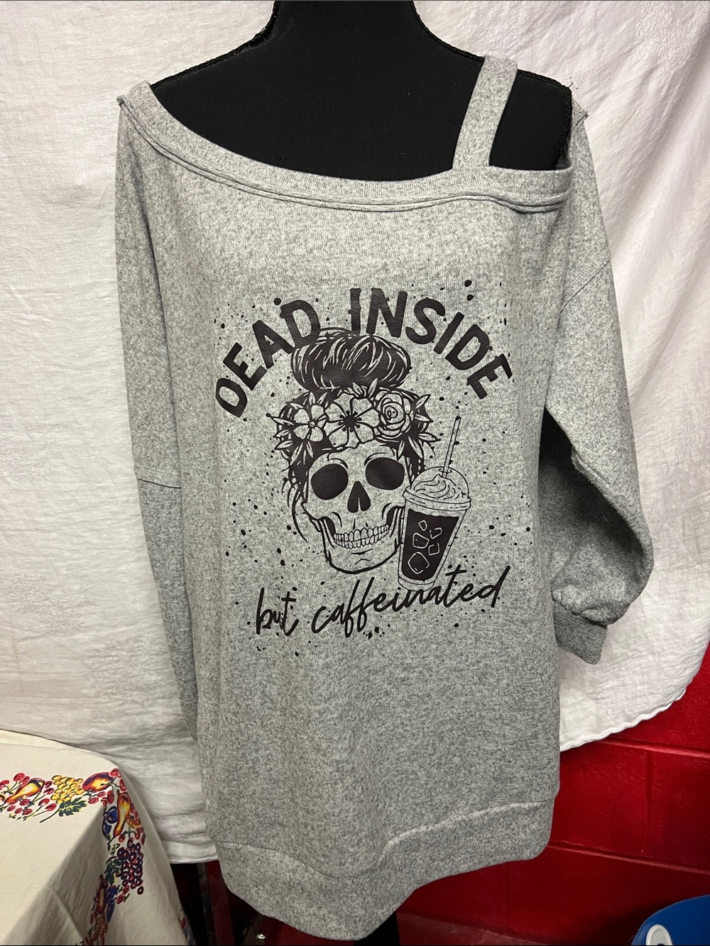 Dead inside but Caffeinated peek a boo shoulder Sleeved Shirt XL